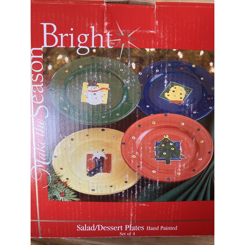 Make the‎ Season Bright 4 Hand Painted Salad/Dessert Plates Mitten tree Snowman